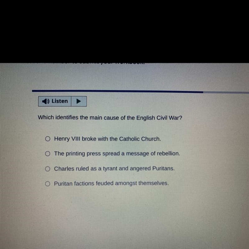 Which identifies the main cause of the English Civil War? A) Henry VIII broke with-example-1