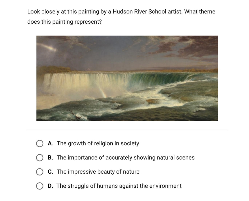 Look closely at this painting by a Hudson River school artist. What theme does this-example-1