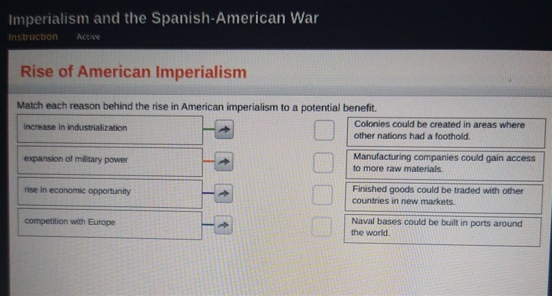 Match each reason behind the rise in American imperialism to a potential benefit.​-example-1