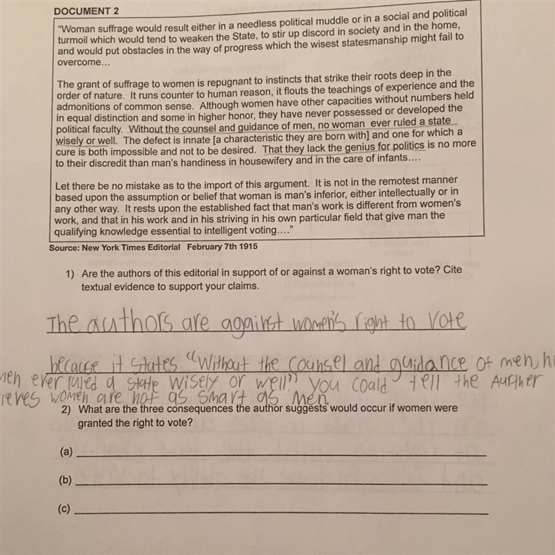 PLEASE HELP with the Second question! “What are the three consequences the author-example-1