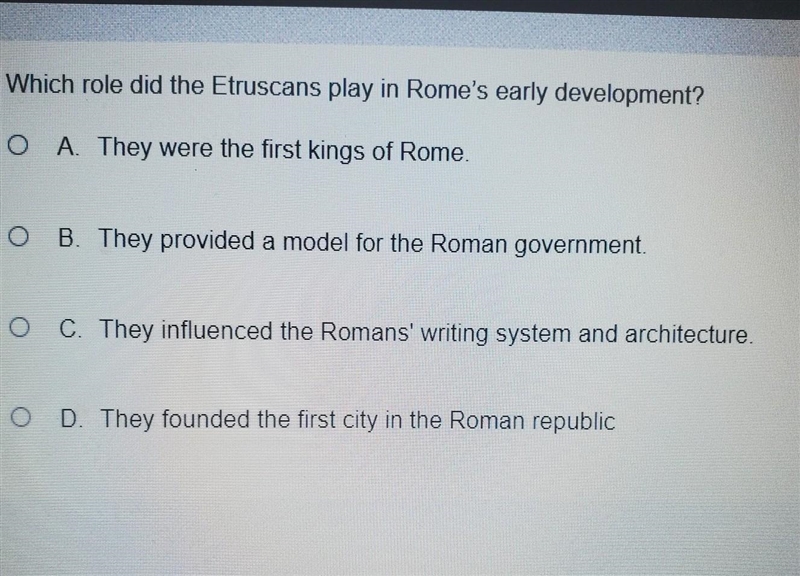 Which role did the Etruscans play in Rome's early development?​-example-1