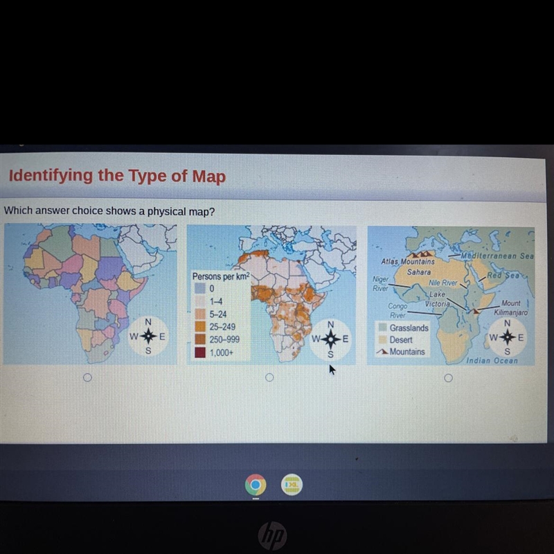 Identifying the Type of Map Which answer choice shows a physical map?-example-1