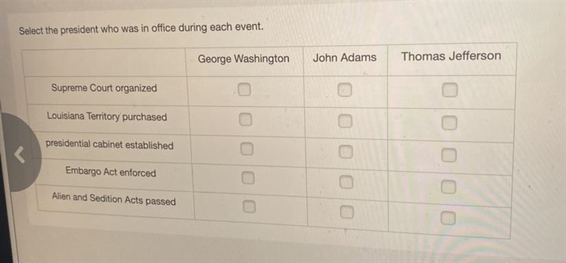 Select the president who was in office during each event.-example-1