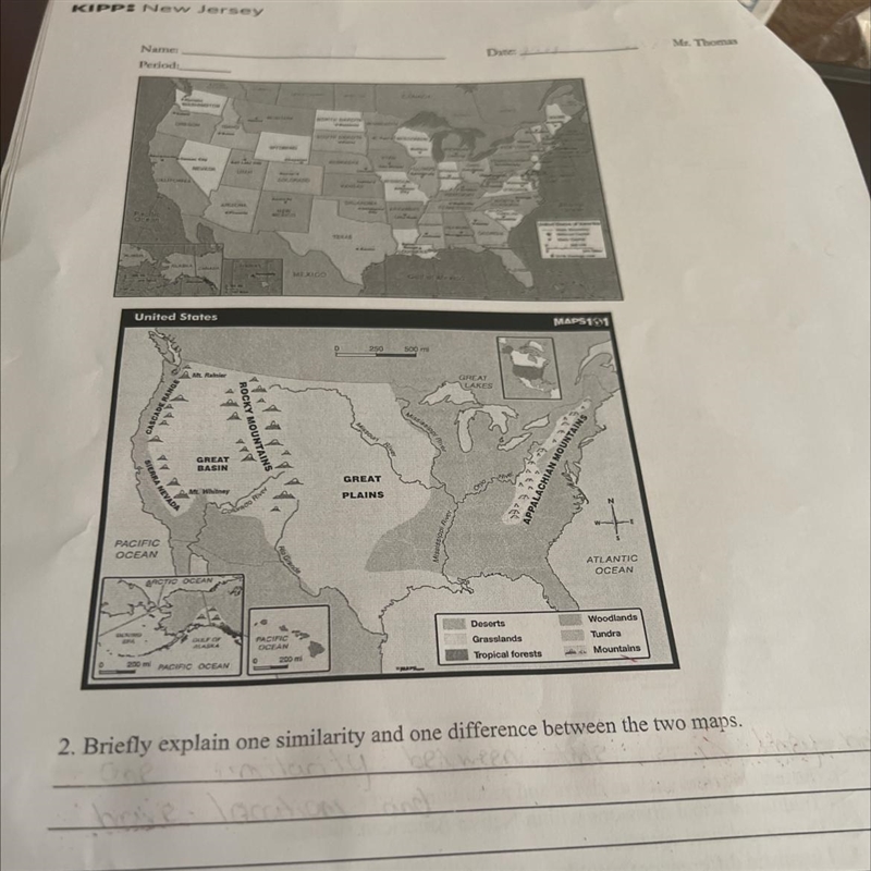 Briefly explain one similarity and one difference between the two maps-example-1