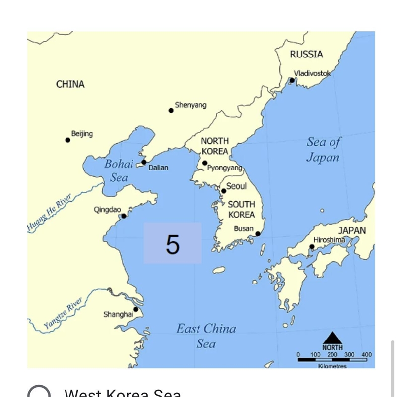 What body of water is labeled #5 on the map? West Korea Sea North China Sea Yellow-example-1