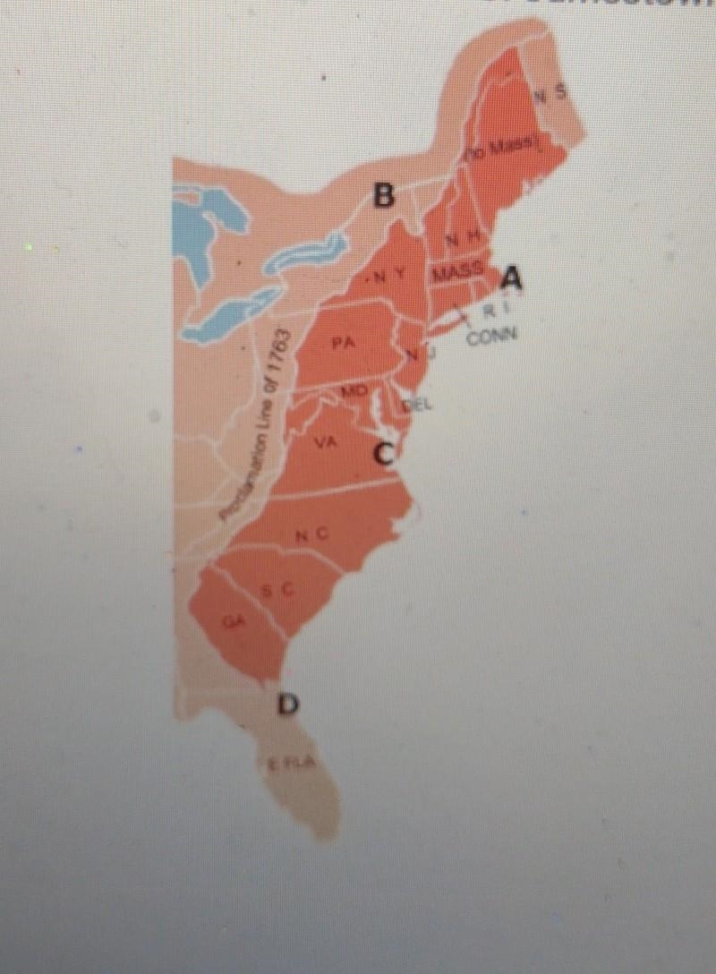 Which letter on the map marks the location of Jamestown?​-example-1