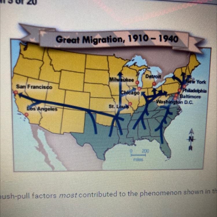 What push-pull factors most contributed to the phenomenon shown in the map? O A. Discriminatory-example-1