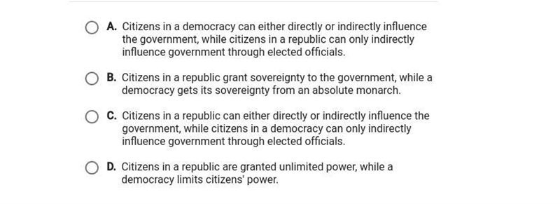 Which statement best describes a difference between a democracy and a republic?-example-1