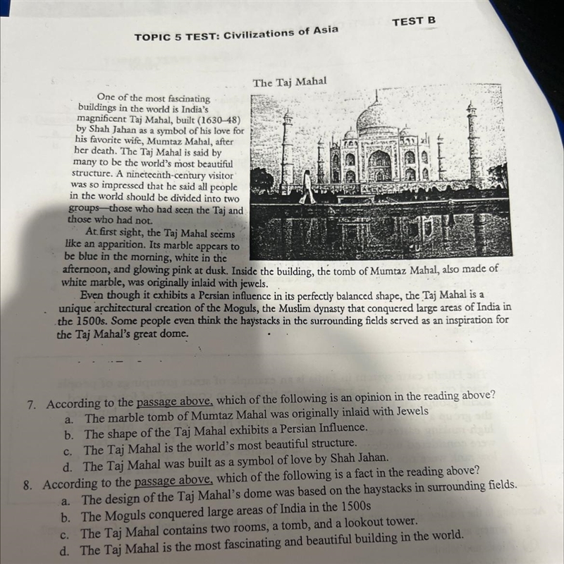 TOPIC 5 TEST: Civilizations of Asia The Taj Mahal TEST B One of the most fascinating-example-1