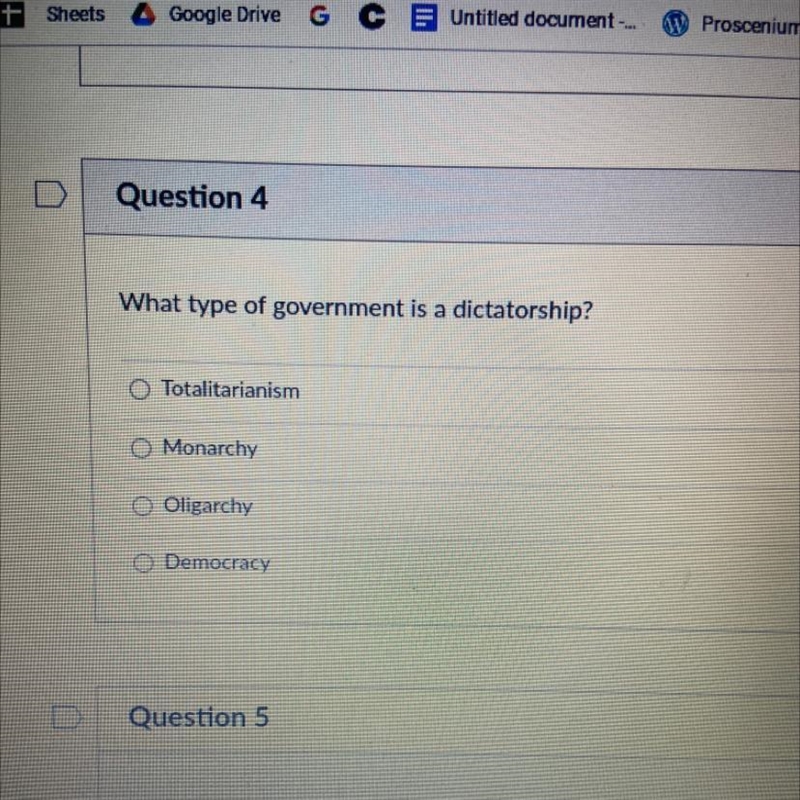 What type of government is a dictatorship? a O Totalitarianism O Monarchy Oligarchy-example-1