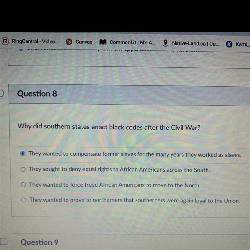 Why did southern states enact black codes after the Civil War?-example-1