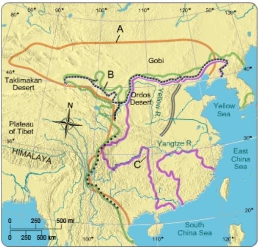 Which labeled line marks the boundary of the Qin empire? A B C-example-1