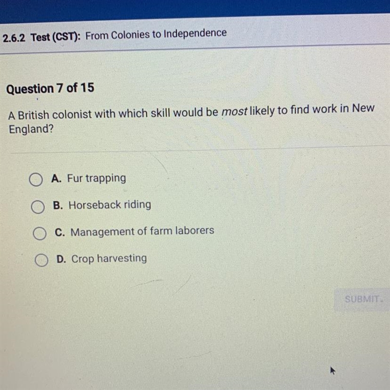 A British colonist with which skill would be most likely to find work in New England-example-1