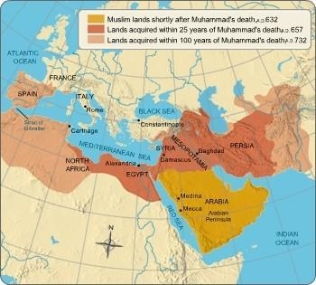 Some of the lands acquired within 100 years of Muhammad's death included Spain, parts-example-1