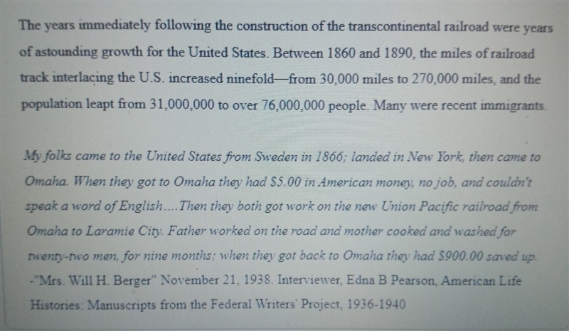 Based on the account of Mrs. Berger, how did the transcontinental railroads impact-example-1