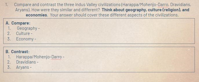 Compare and contrast the three Indus Valley civilizations (Harappa/Mohenjo-Darro, Dravidians-example-1