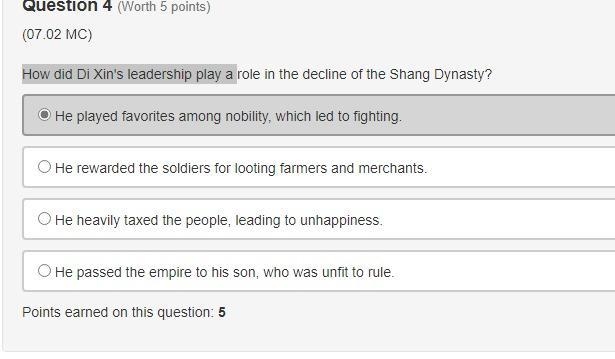 How did Di Xin's leadership play a role in the decline of the Shang Dynasty? He played-example-1