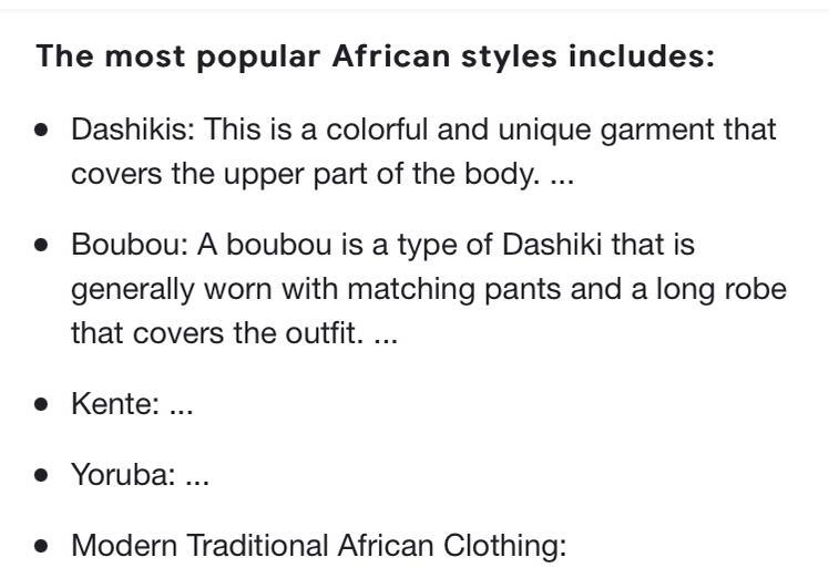 Research 3 types of African wear. State its origin and describe them.-example-1