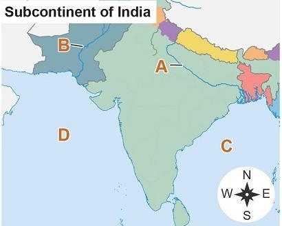 The map shows the Indian subcontinent. A map titled Subcontinent of India with labels-example-1