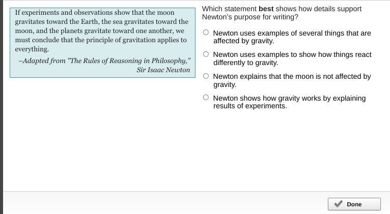 Which statement best shows how details support Newton’s purpose for writing?-example-1