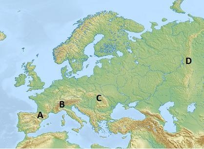 Which letter on the map represents the Carpathian Mountains?-example-1