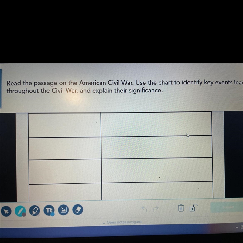 Read the passage on the American Civil War. Use the chart to identify key events leading-example-1