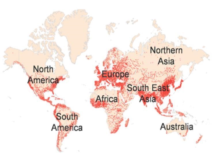 The map shows population distribution around the world by region. Based on the map-example-1