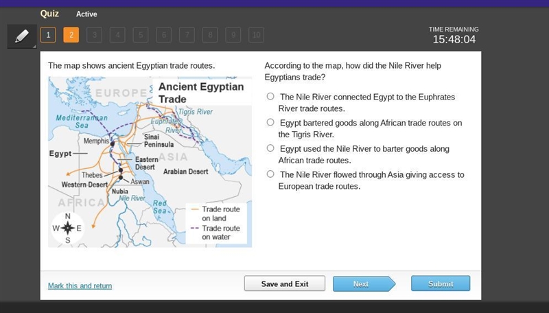 The map shows ancient Egyptian trade routes. A map titled Ancient Egyptian Trade. A-example-1