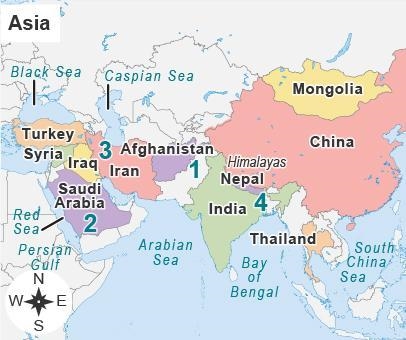 Review the map of Asia. A map titled Asia with labels 1 through 4. 1 is between Afghanistan-example-1