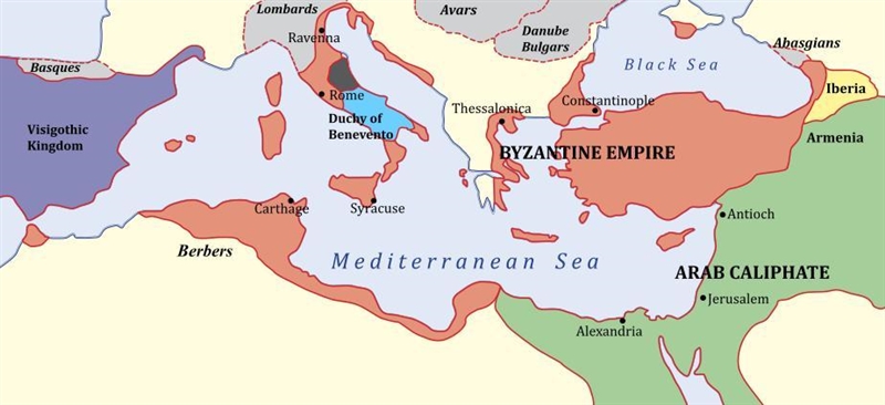 Map of the Byzantine Empire in AD 650. The orange sections were the only areas that-example-1