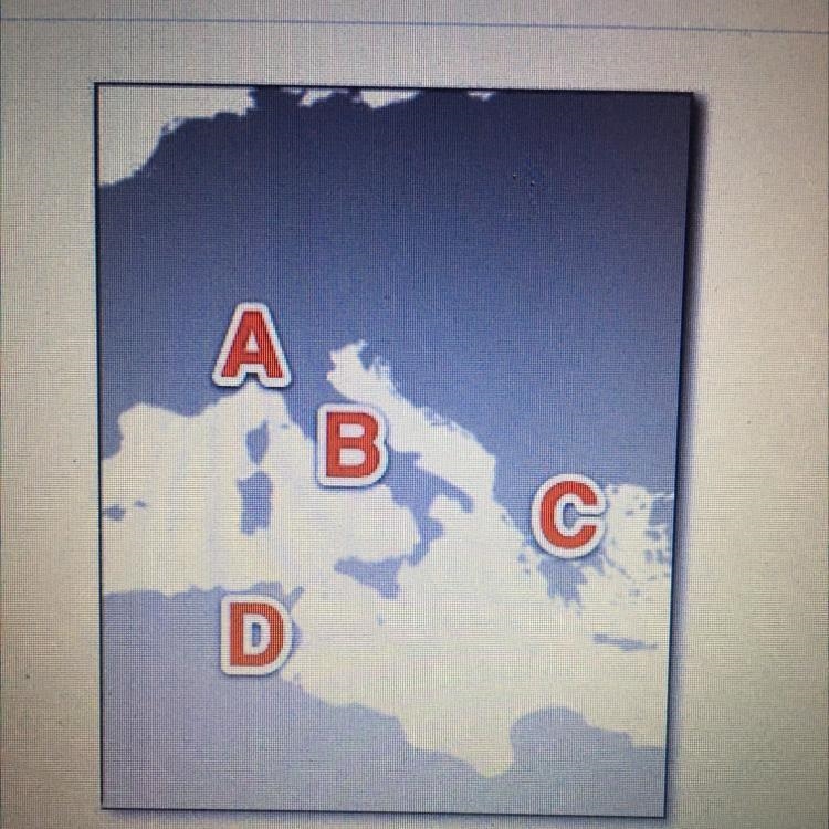 3) The capital of the Roman Empire could be found closest to which letter? Α B C D-example-1