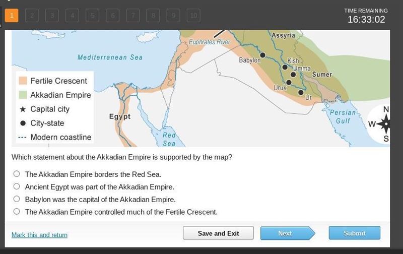 The map shows the Akkadian Empire. Which statement about the Akkadian Empire is supported-example-1