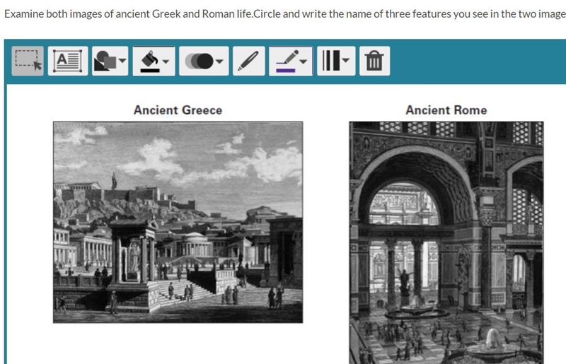 (pls help) Examine both images of ancient Greek and Roman life. Circle and write the-example-1