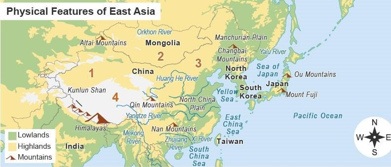 Read the map. A map titled Physical Features of East Asia. A key shows Lowlands in-example-1