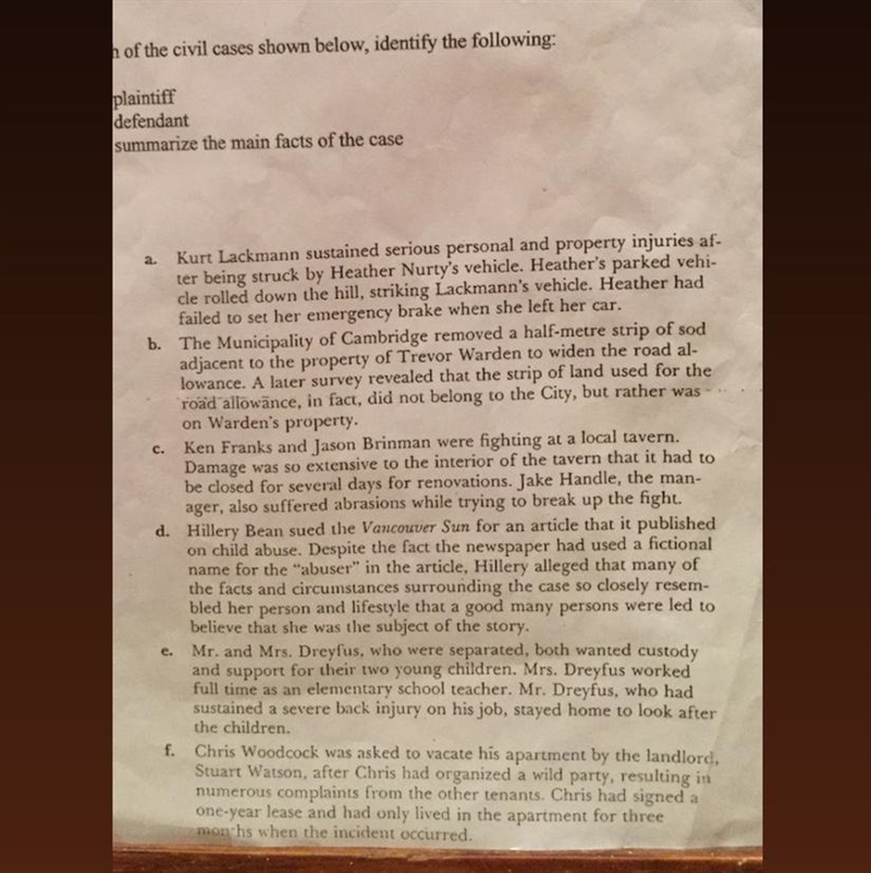 To do the following for all six cases: 1. Name the plaintiff 2. Name the defendant-example-1