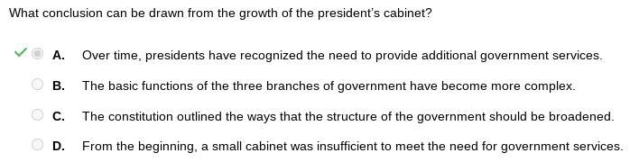 What conclusion can be drawn from the growth of the president’s cabinet? A. The basic-example-1