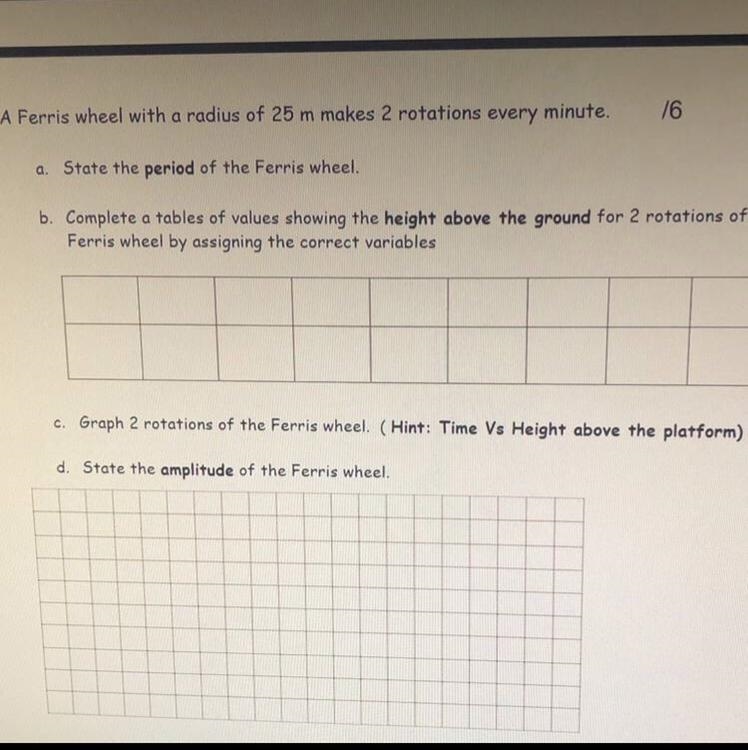 16 A Ferris wheel with a radius of 25 m makes 2 rotations every minute. a. State the-example-1