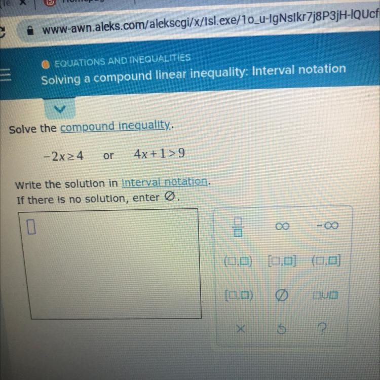 Solve the compound inequality.– 2 x >4or4x + 1>9Write the solution in interval-example-1