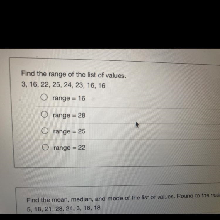 Find the range of the list of values3, 16, 22, 25, 24, 23, 16, 16-example-1