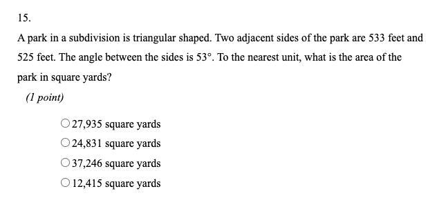 A park in a subdivision is triangular shaped. Two adjacent sides of the park are 533 feet-example-1