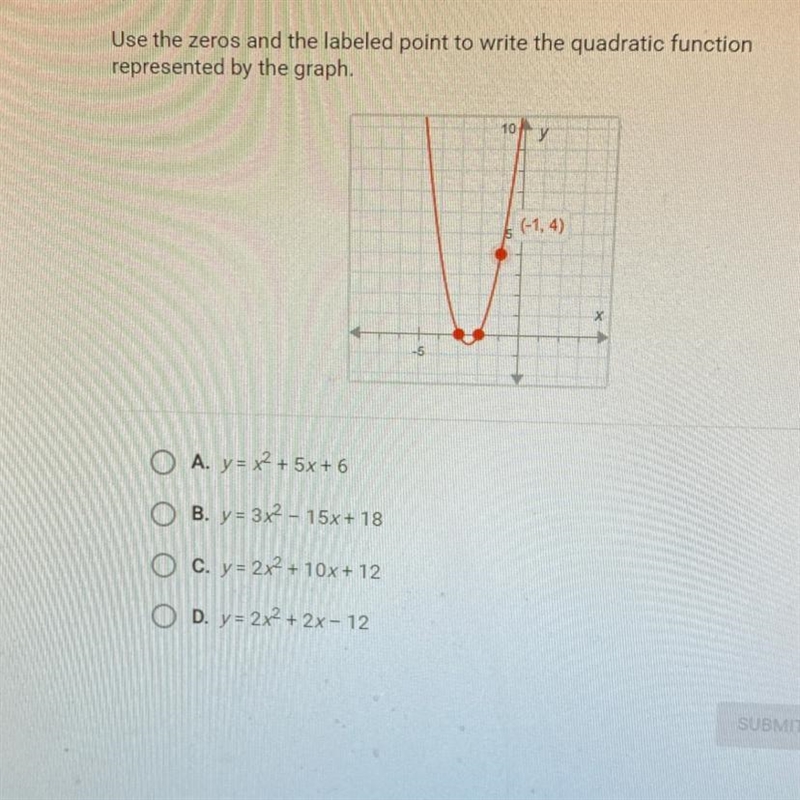 Use the zeros and the labeled point to write the quadratic functionrepresented by-example-1