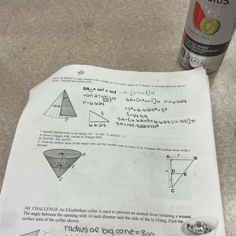 A: prove triangle ABC similar to triangle DECB: find BC,DE,and ECC: find the surface-example-1