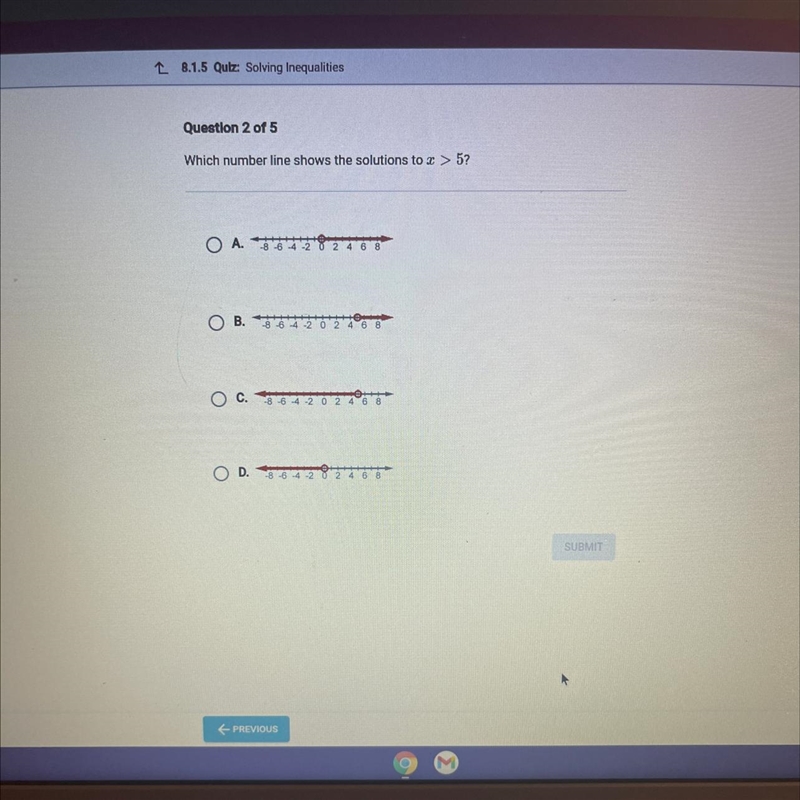 Which number line shows the solutions to x > 5? OA. 8642 8 2 4 6 8 OB. 864-2 0 2 4 6 8 8-64-202468 4-202468 D-example-1