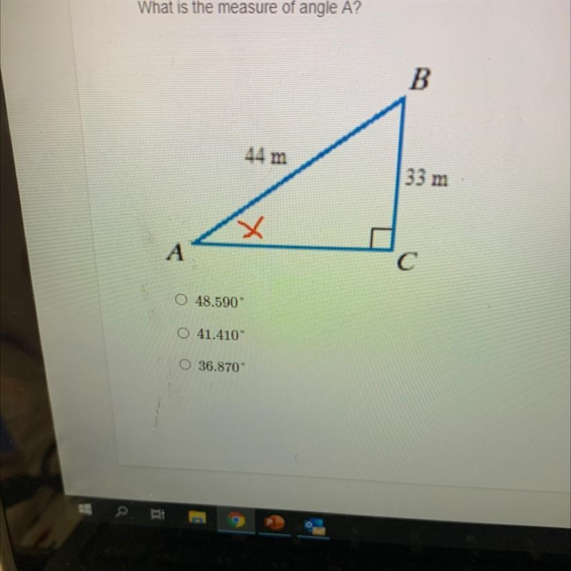 What is the measure of angle A?B144 m4133 mACO0 48.5909O 41.410°0 36.870-example-1