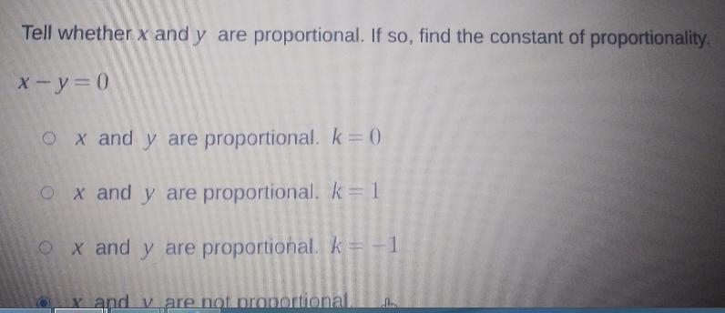 Tell whether x and y are proportional. If so, find the constant of proportionality-example-1