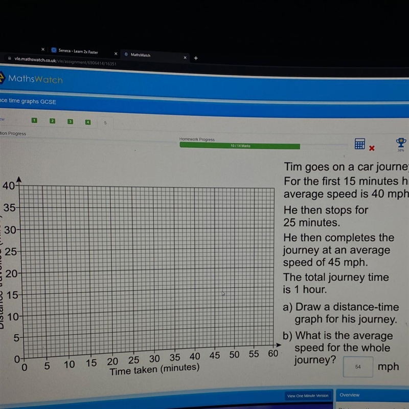 Tim goes on a car journey for the first 15 minutes his average speed is 40mph-example-1