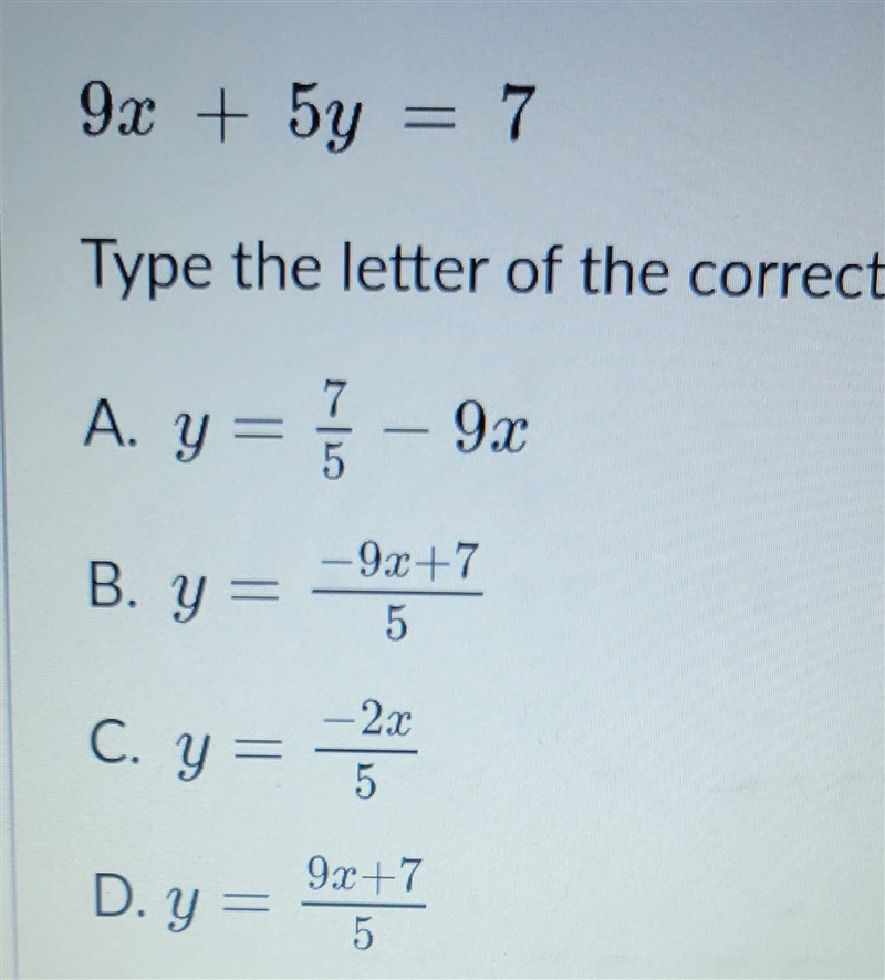 Solve for y. 9x+5y=7​-example-1