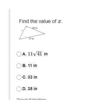 Find the value of XA. 11√ 41inB. 11 inC. 33 inD. 35 in-example-1