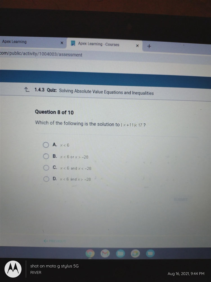 Which of the following is the solution to |x+11|<17 ?-example-1