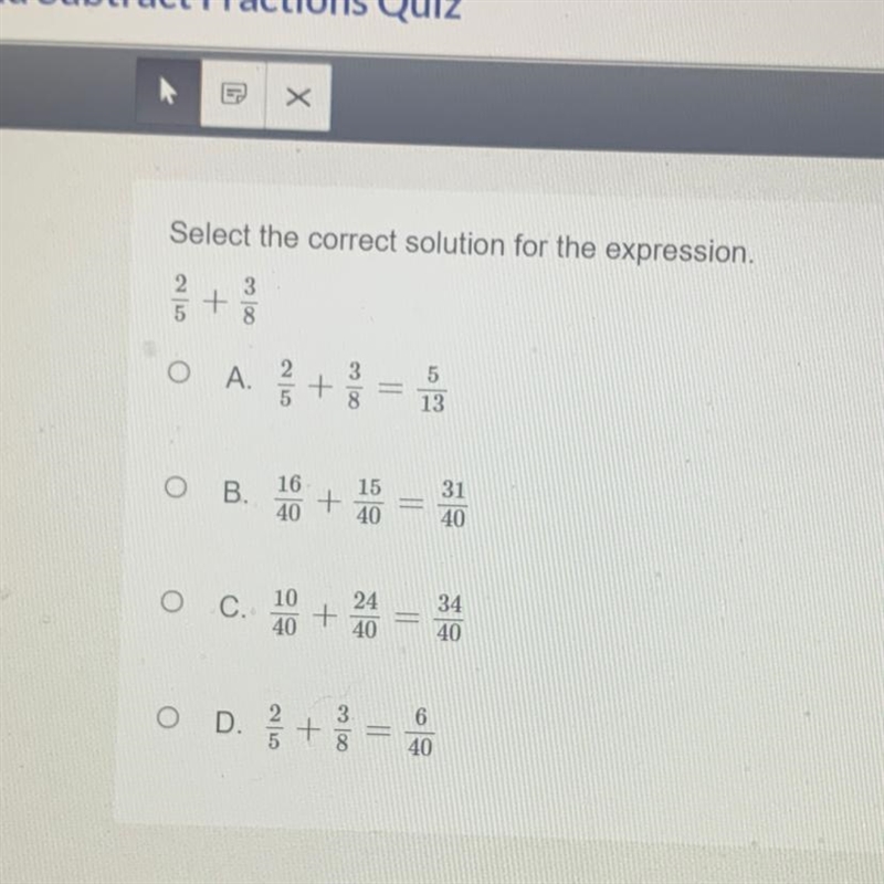 Select the correct solution for the expression. 3 + 8 O 3 A. ט|דט + 9 100 or 5 13 o-example-1